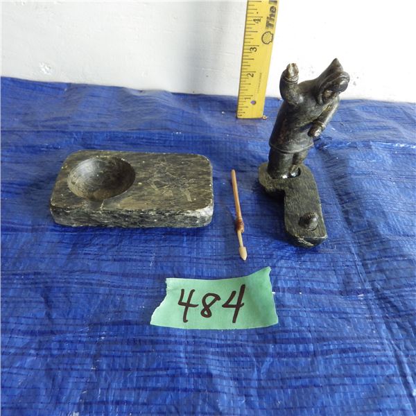 soap stone carvings hand damaged on hunter -- NO SHIPPING TO USA
