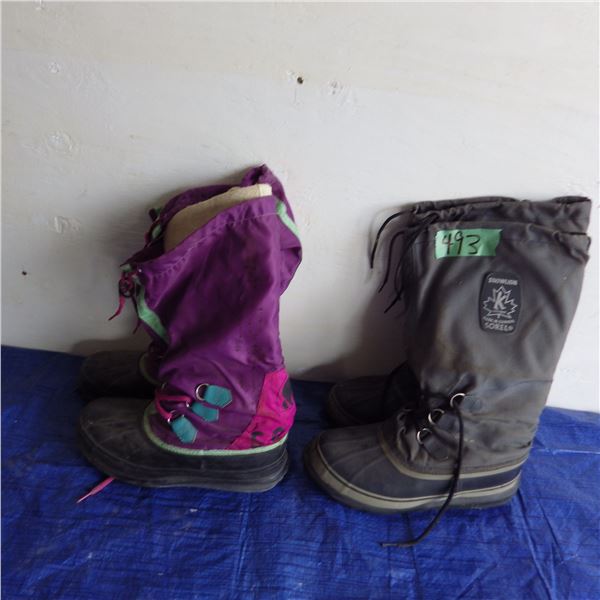 set of men's and ladies snow boots