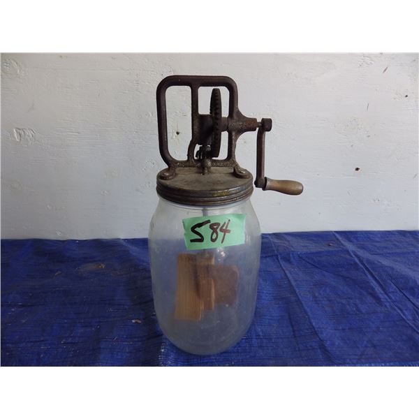 vintage hand crank butter churn 128 fluid oz glass jar - cast hand crank