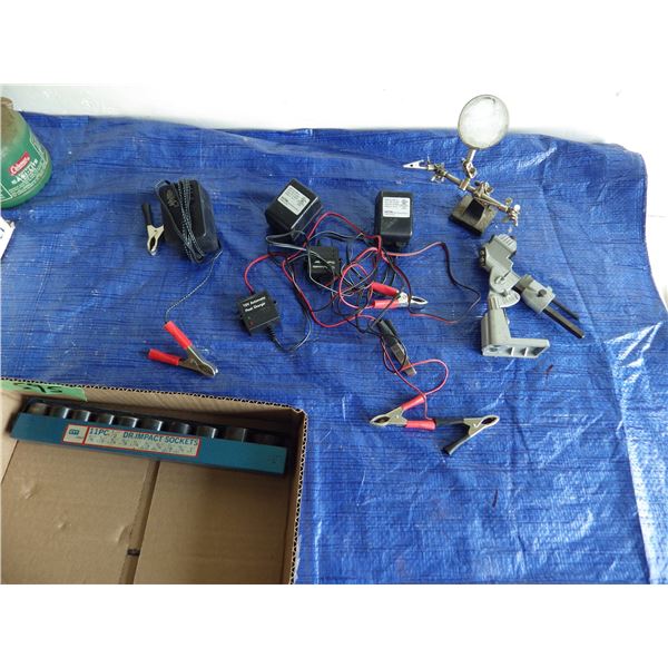 Impact sockets, battery maintainers , magnifying glass etc