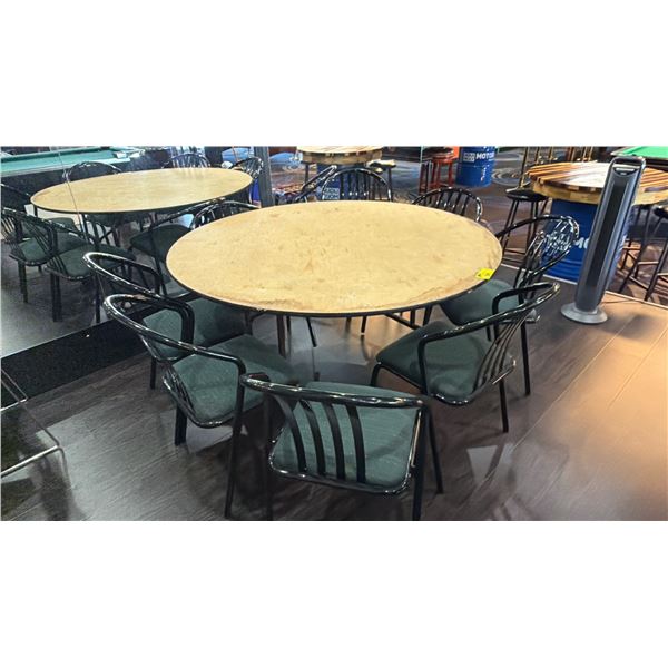 5FT DIAMETER FOLDING BANQUET/UTILITY TABLE WITH 8 GREEN UPHOLSTERED BLACK METAL SIDE CHAIRS