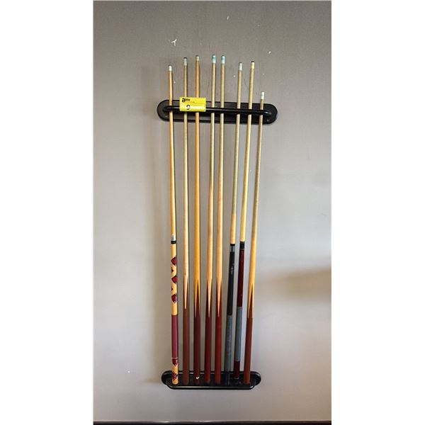 WALL MOUNT POOL CUE RACK WITH 8 CUES