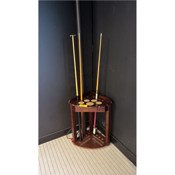 POOL CUE STAND WITH 2 CUES AND 1 GRANNY STICK