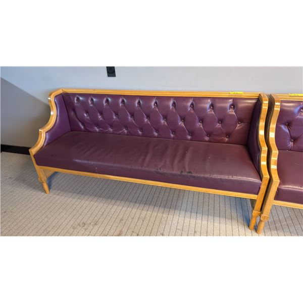 WOOD FRAMED PURPLE LEATHER UPHOLSTERED PARLOUR BENCH SEAT - APPROX. 6FT X 2FT X 3FT HIGH