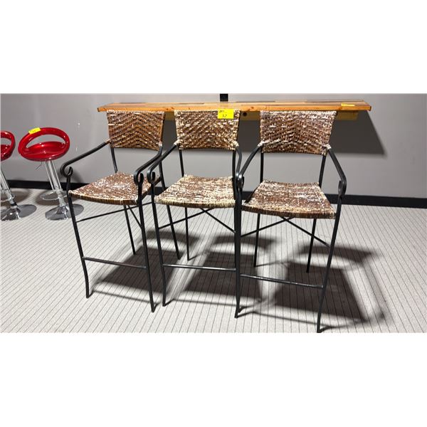 GROUP OF 3 BLACK METAL FRAME WITH RATTAN BAR STOOLS