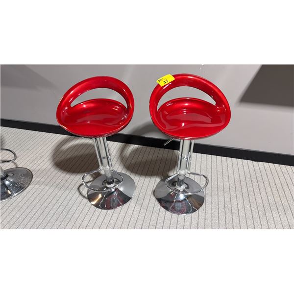 PAIR OF CHROME & RED ADJUSTABLE HEIGHT BAR STOOLS
