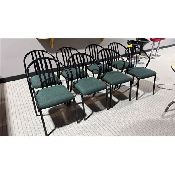GROUP OFF 8 SIDE CHAIRS - BLACK METAL FRAME WITH GREEN UPHOLSTERED SEAT