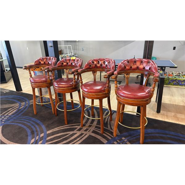 GROUP OF 4 BURGUNDY LEATHER UPHOLSTERED WOOD W/BRASS ACCENTS BAR STOOLS