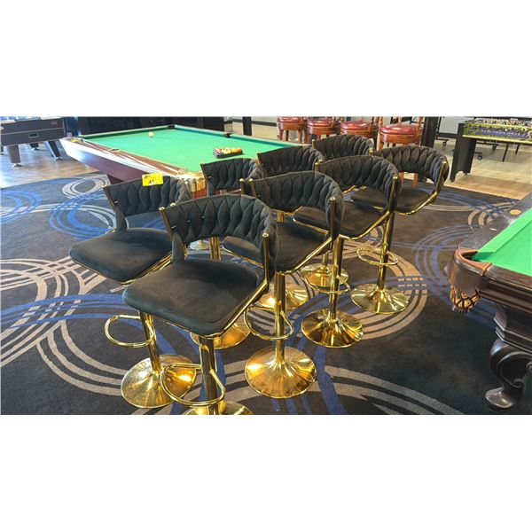 GROUP OF 8 BLACK UPHOLSTERED BRASS BAR STOOLS
