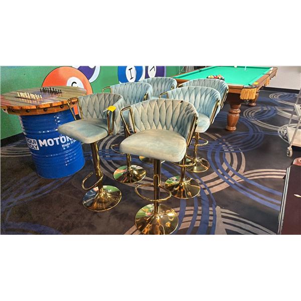 GROUP OF 6 TURQUOISE UPHOLSTERED BRASS BAR STOOLS