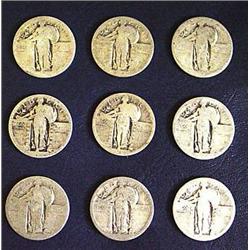 Lot of 9 Circulated Standing Liberty 25c