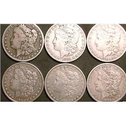 Lot of 6 Assorted Date Morgan Silver Dollars-