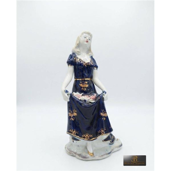 Porcelain Figurine of Woman in Blue Dress With Floral Detailing