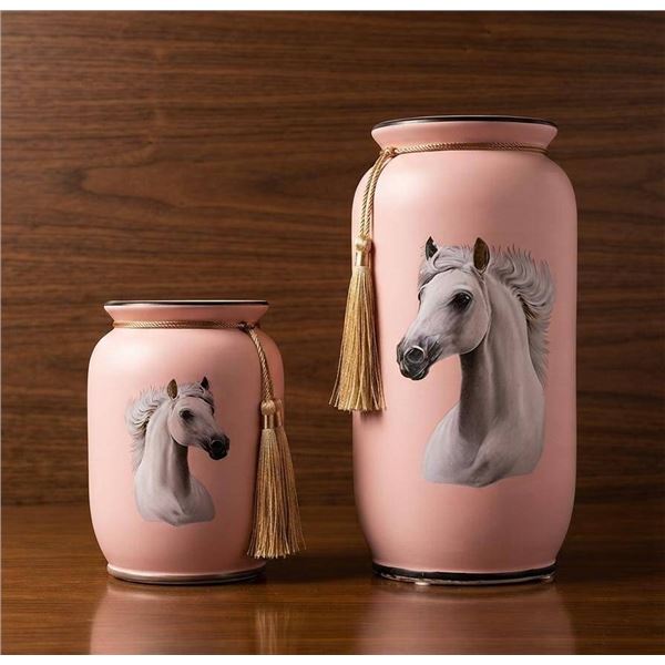Pink Porcelain Vases with Hand-Painted Horse Motif and Tassels