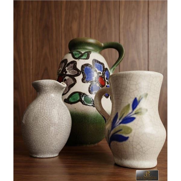 Vintage Ceramic Pitcher Trio with Crackle Glaze