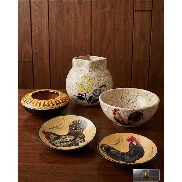 Hand-Painted Pottery Collection with Floral and Rooster Designs