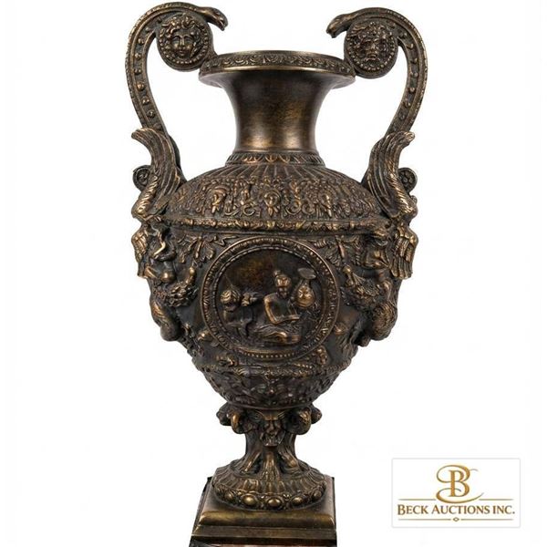 Large Ornate Resin Decorative Urn with Mythological Reliefs