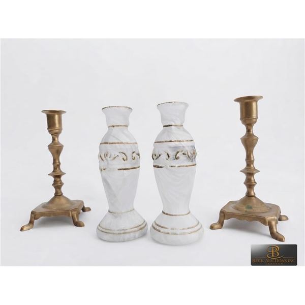 4 Decorative Candle Holders, Brass and White Ceramic
