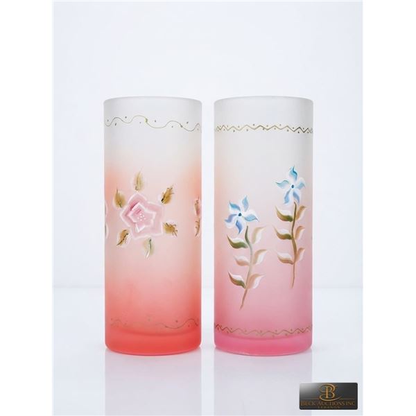 Hand-Painted Frosted Pink Glass Vases