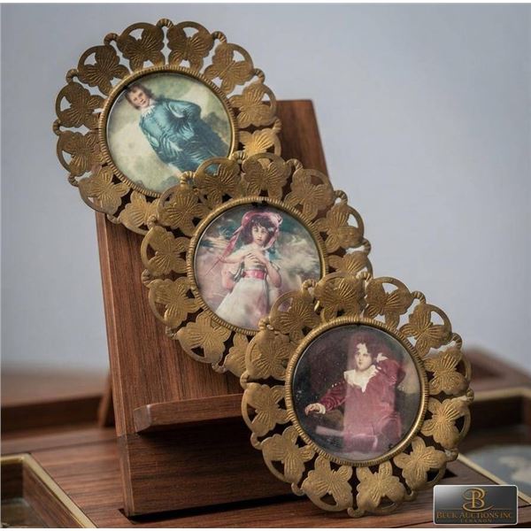 Three Circular Brass-Framed Miniature Portrait Prints