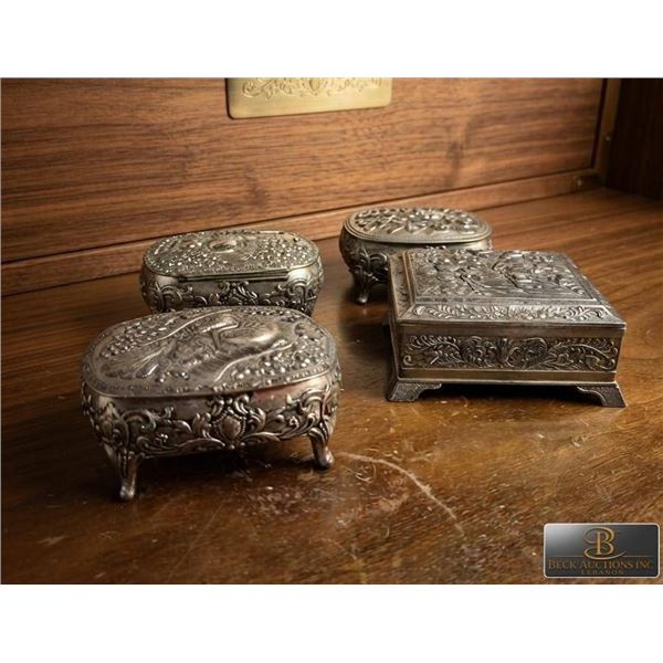 Four Ornate Silver Jewellery Boxes with Red Linings