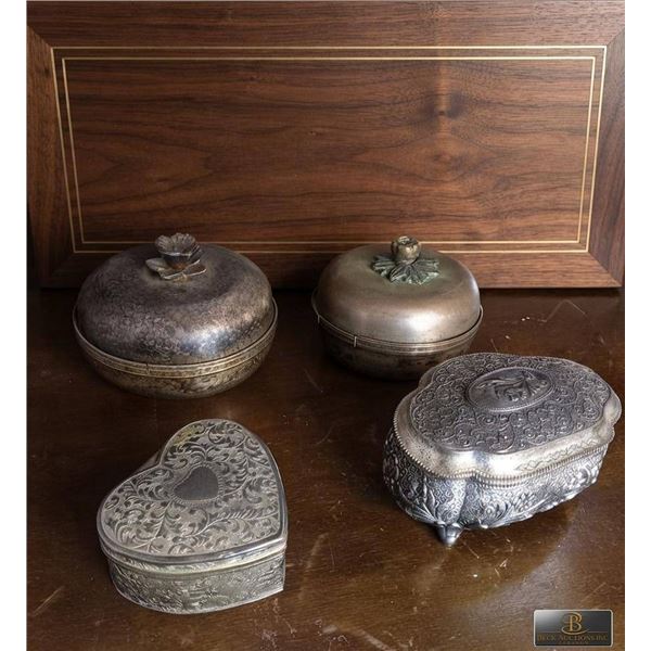 Four Ornate Metal Trinket Boxes Assorted Shapes