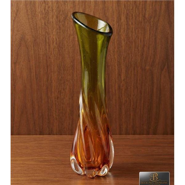Murano Style Art Glass Vase with Green and Amber Swirl