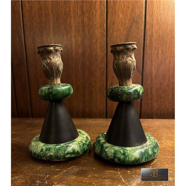 Art Deco Style Green Marble and Metal Candlesticks