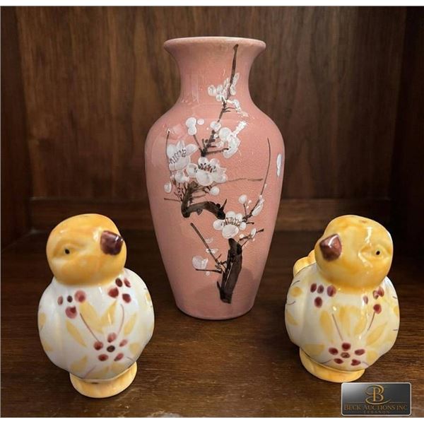 Ceramic Bird Salt and Pepper Shakers with Pink Floral Vase