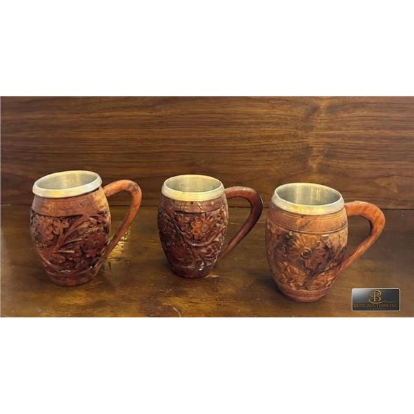 3 Hand-Carved Wooden Mugs With Metal Inserts
