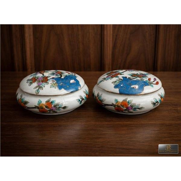 Hand-Painted Lidded Ceramic Boxes with Floral and Blue Bird Motif