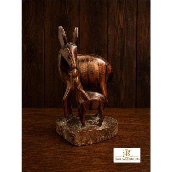 Hand-Carved Wooden Antelope and Calf Sculpture