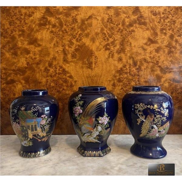 Three Hand-Painted Chinese Cobalt Blue Porcelain Vases