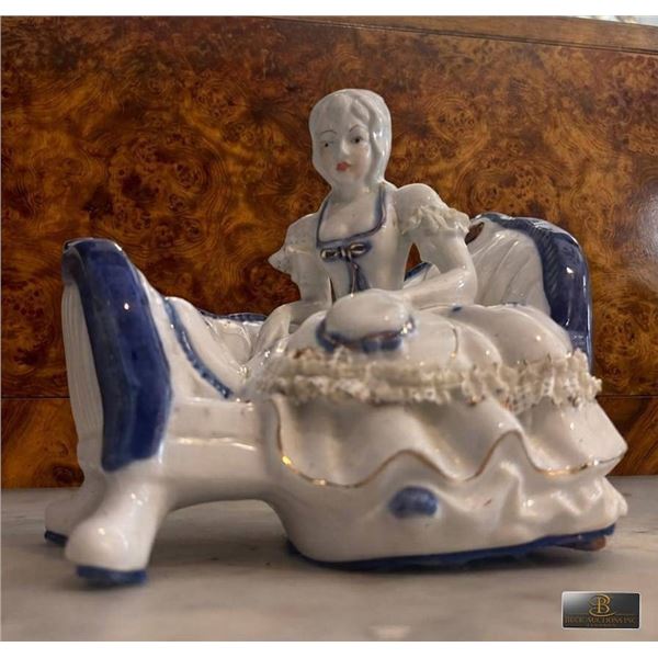 Ceramic Lady in Bath Tub Figurine White and Blue Glaze
