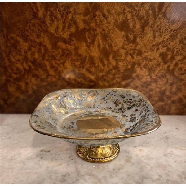 Square Glass and Gold Gilt Pedestal Compote