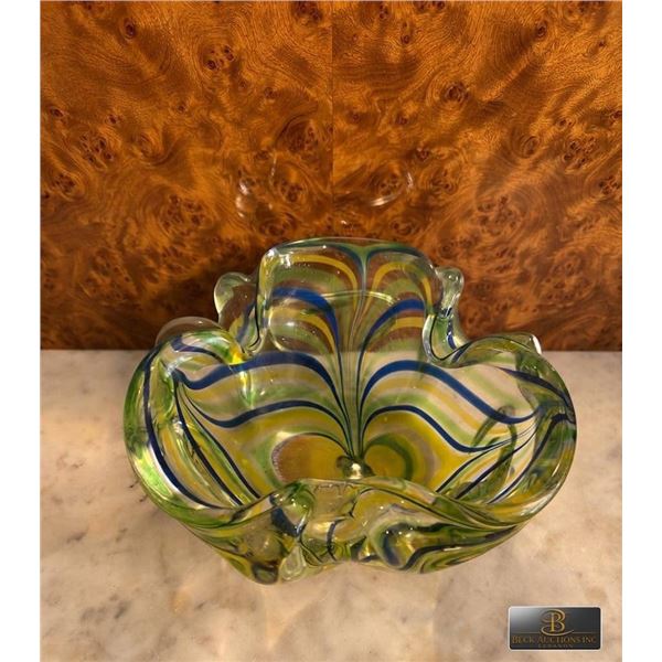 Murano Style Art Glass Bowl with Blue, Green, and Yellow Swirl