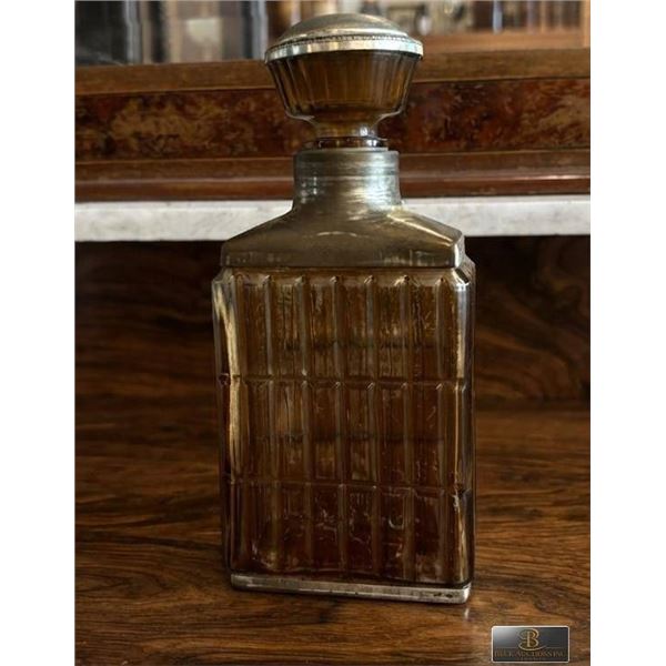 Ribbed Amber Glass Decanter with Metal Collar and Stopper