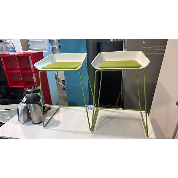 PAIR OF TURNSTONE SCOOP WHITE MOLDED PLASTIC GREEN FABRIC PAD STOOLS