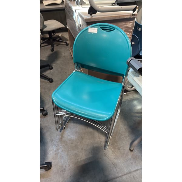 HAWORTH 1200-2100 SERIES TEAL PLASTIC CHROME SLED BASE STACKING CHAIR STACK OF 5
