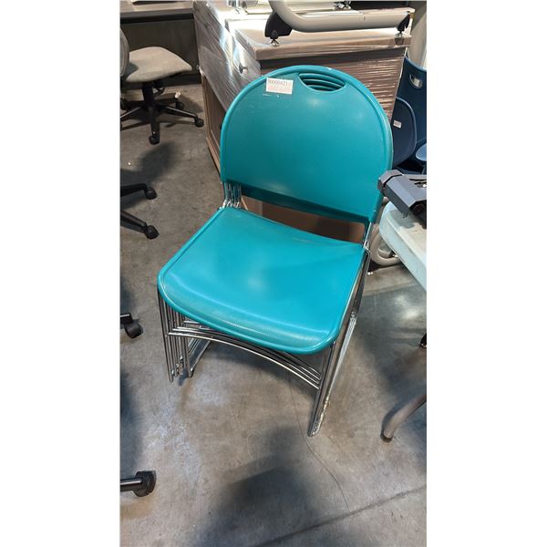 HAWORTH 1200-2100 SERIES TEAL PLASTIC CHROME SLED BASE STACKING CHAIR STACK OF 5