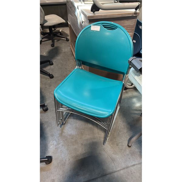 HAWORTH 1200-2100 SERIES TEAL PLASTIC CHROME SLED BASE STACKING CHAIR STACK OF 5
