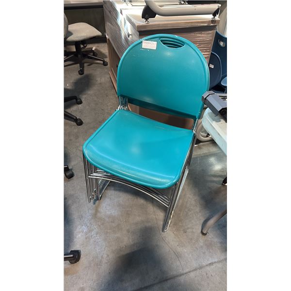 HAWORTH 1200-2100 SERIES TEAL PLASTIC CHROME SLED BASE STACKING CHAIR STACK OF 5