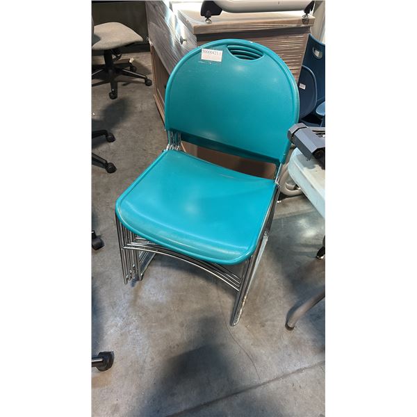 HAWORTH 1200-2100 SERIES TEAL PLASTIC CHROME SLED BASE STACKING CHAIR STACK OF 5