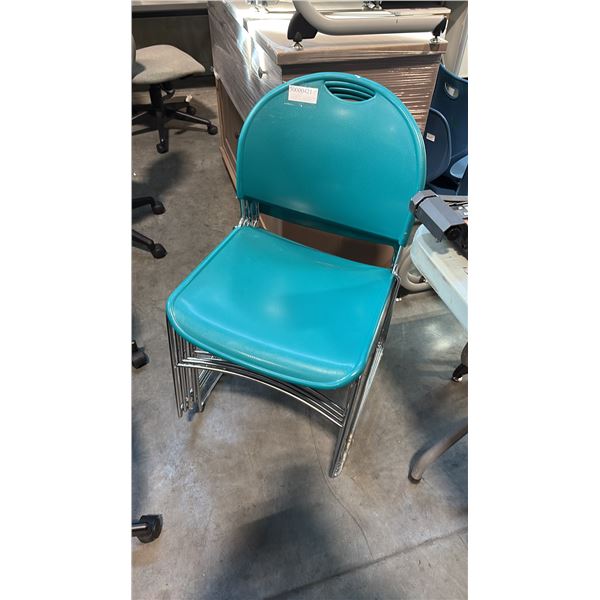 HAWORTH 1200-2100 SERIES TEAL PLASTIC CHROME SLED BASE STACKING CHAIR STACK OF 5