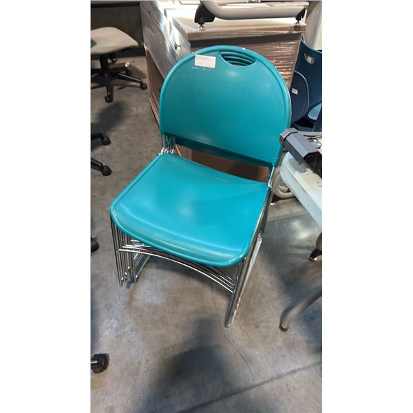 HAWORTH 1200-2100 SERIES TEAL PLASTIC CHROME SLED BASE STACKING CHAIR STACK OF 5