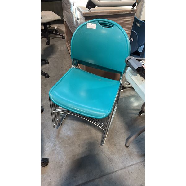 HAWORTH 1200-2100 SERIES TEAL PLASTIC CHROME SLED BASE STACKING CHAIR STACK OF 5