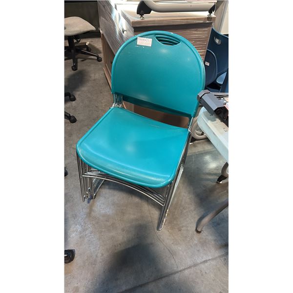 HAWORTH 1200-2100 SERIES TEAL PLASTIC CHROME SLED BASE STACKING CHAIR STACK OF 5