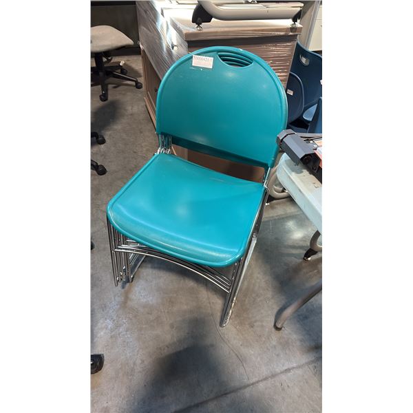HAWORTH 1200-2100 SERIES TEAL PLASTIC CHROME SLED BASE STACKING CHAIR STACK OF 5