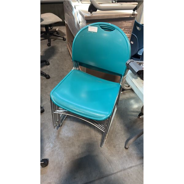 HAWORTH 1200-2100 SERIES TEAL PLASTIC CHROME SLED BASE STACKING CHAIR STACK OF 5