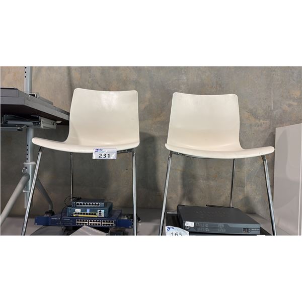 WHITE/CHROME MULTI-PURPOSE STACKING CHAIRS 4PCS AND A WHITE STOOL